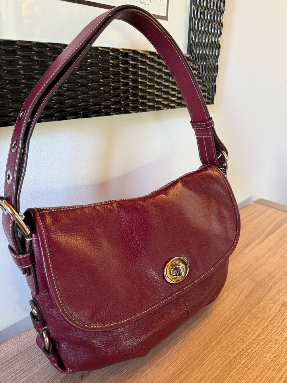 Coach Burgundy Leather Shoulder Bag w/ silver hardware + adjustable strap